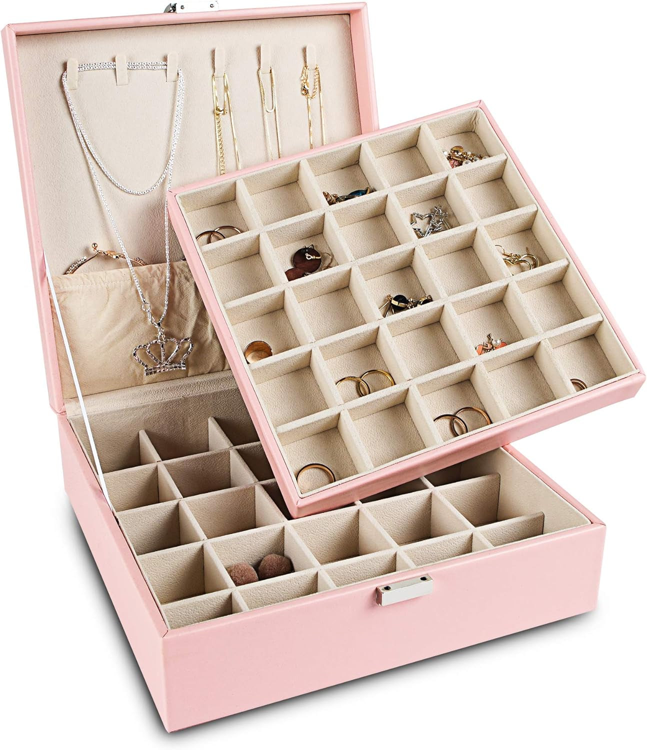 Earring Organizer Classic Jewelry Box 50 Slots Double Layer Jewelry Storage Case with 6 Necklace Hook and Bracelet Pocket(Pink)
