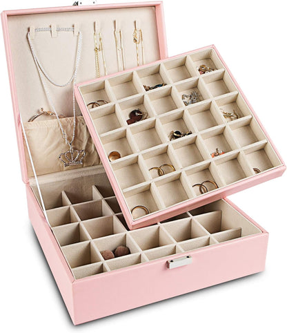 Earring Organizer Classic Jewelry Box 50 Slots Double Layer Jewelry Storage Case with 6 Necklace Hook and Bracelet Pocket(Pink)