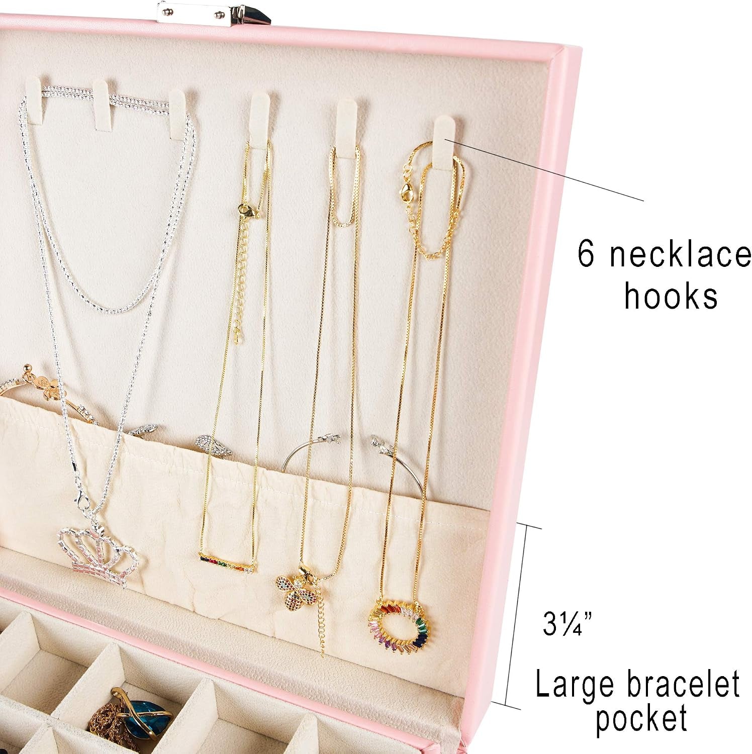 Earring Organizer Classic Jewelry Box 50 Slots Double Layer Jewelry Storage Case with 6 Necklace Hook and Bracelet Pocket(Pink)