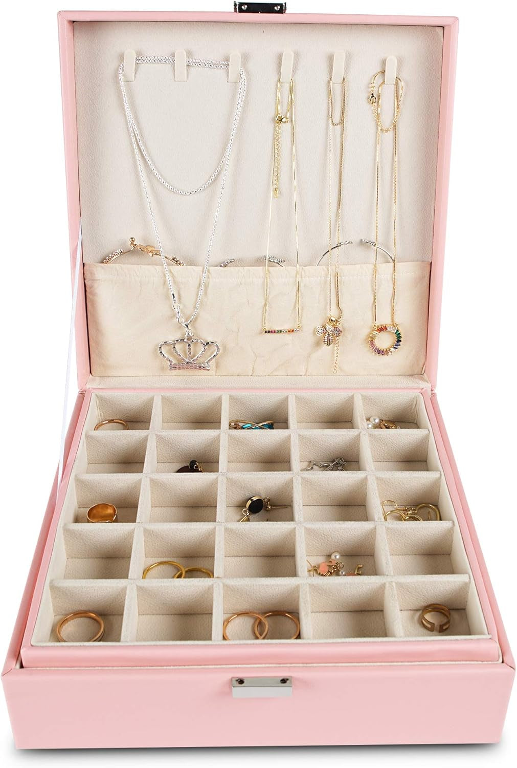 Earring Organizer Classic Jewelry Box 50 Slots Double Layer Jewelry Storage Case with 6 Necklace Hook and Bracelet Pocket(Pink)